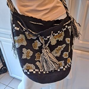 Artisan Handwoven Drawstring  Black Gold Rhinestone Hobo Crossbody Bag